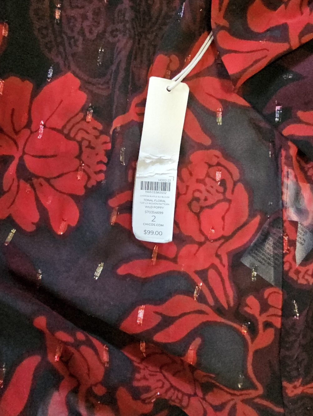 Chicos Sheer Red Black Floral Ruffled Blouse NWT 2 - Picture 15 of 16